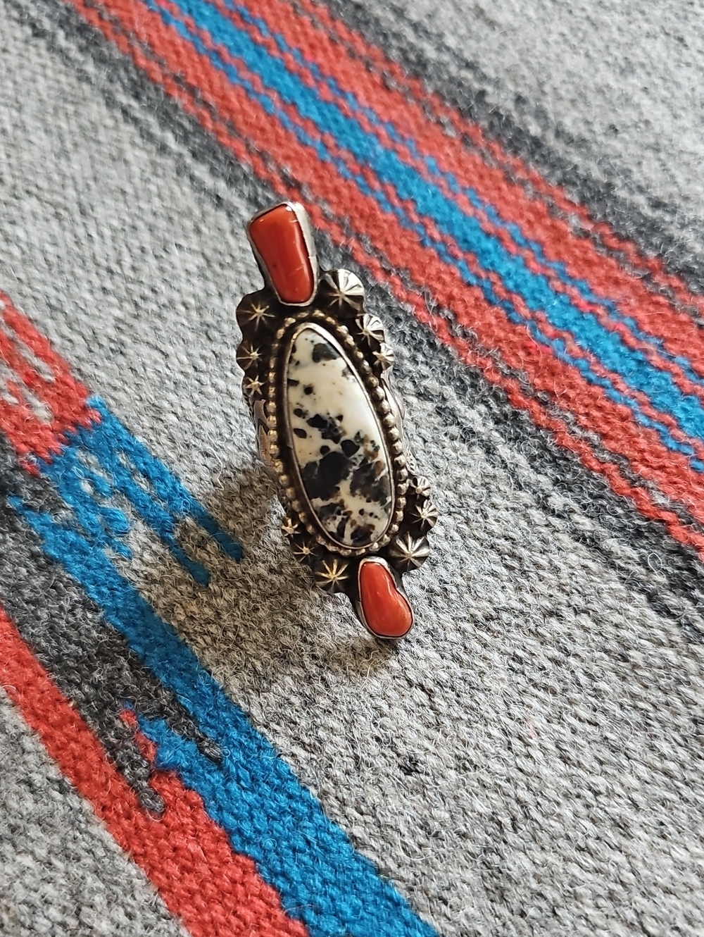Shawn Cayatineto Sterling Silver Ring with White Buffalo & Coral